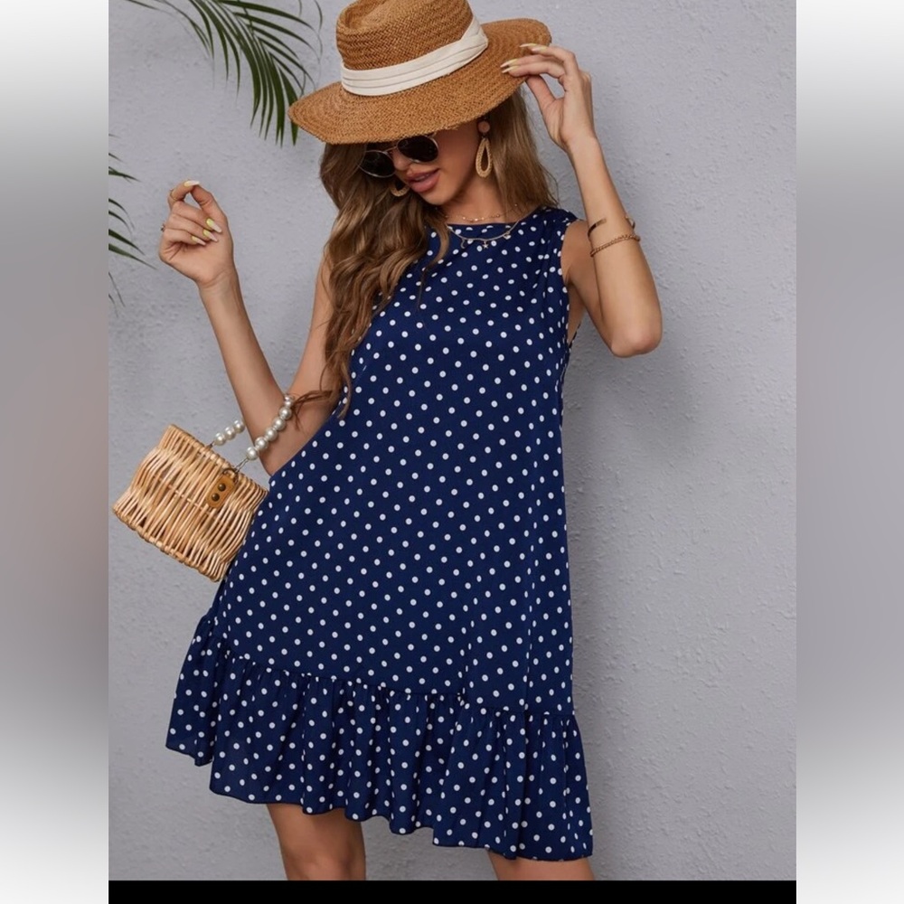 SHEIN Navy Blue Polka Dot Sleeveless Midi Dress